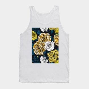 Yellow, white and bi-color roses with blue leaves on black Tank Top